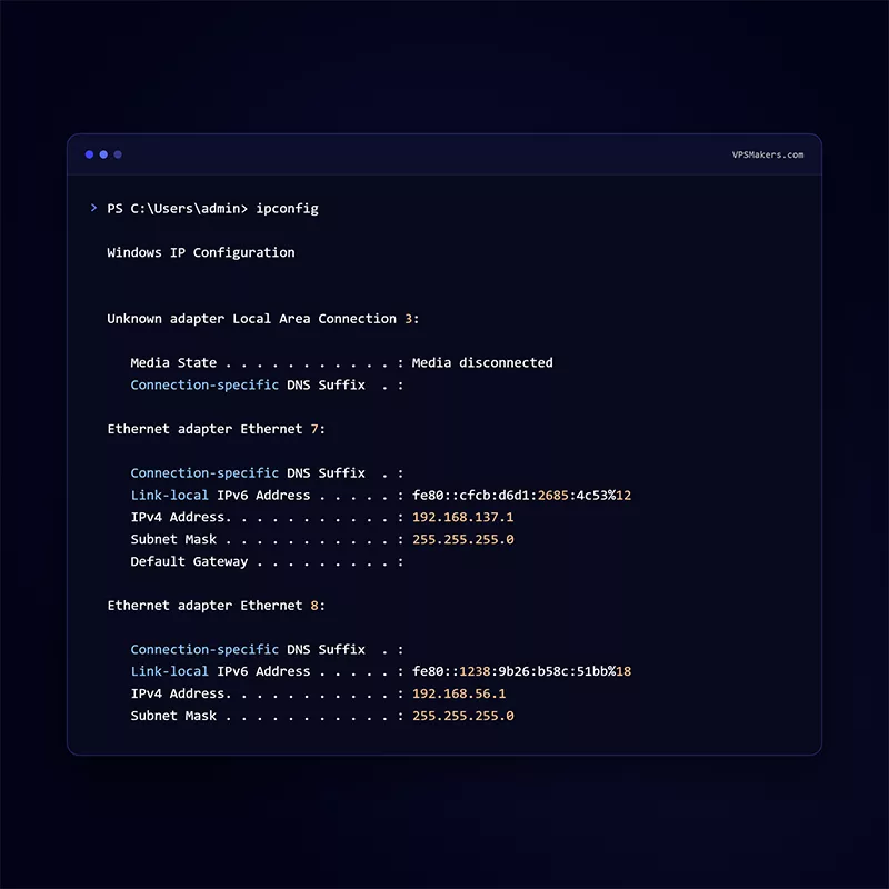 listing network adapters alongside their ip's in windows using ipconfig command